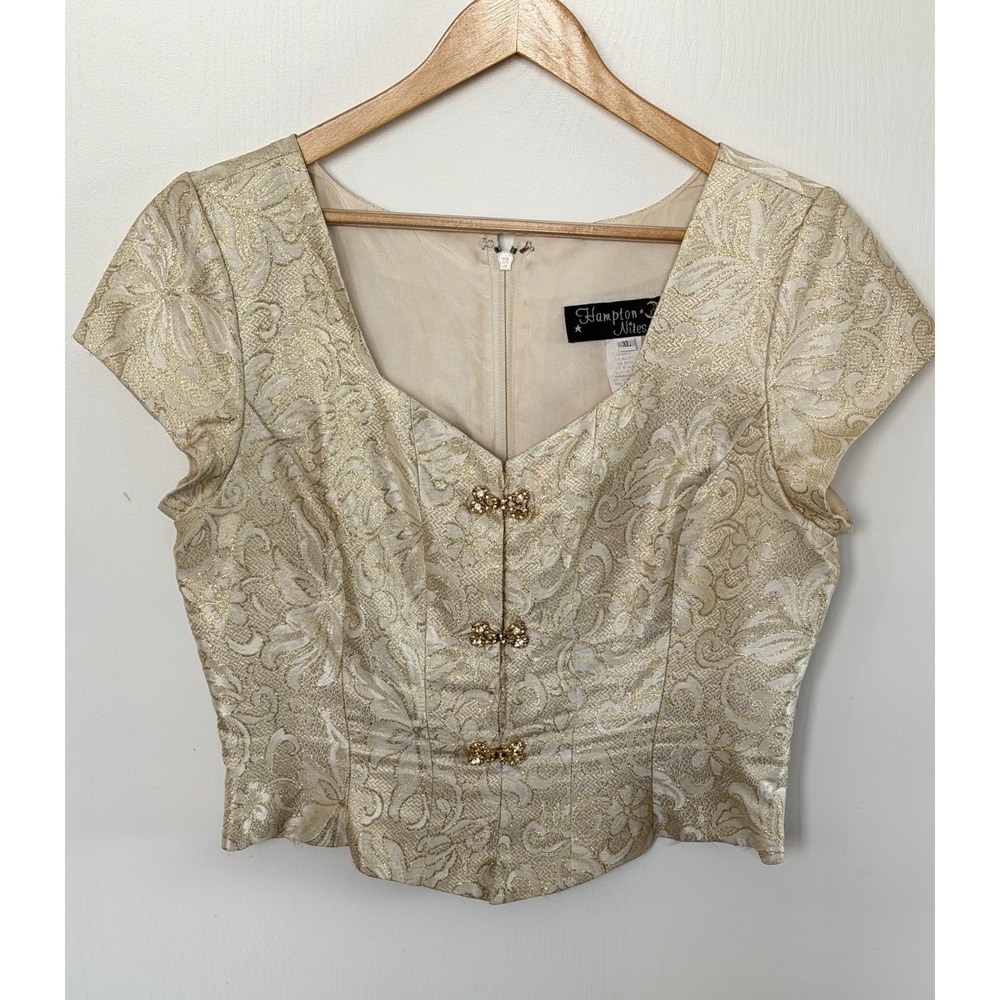 Vintage 90s Hampton Nites XL Gold Brocade Corset Evening Top Rhinestone Bows